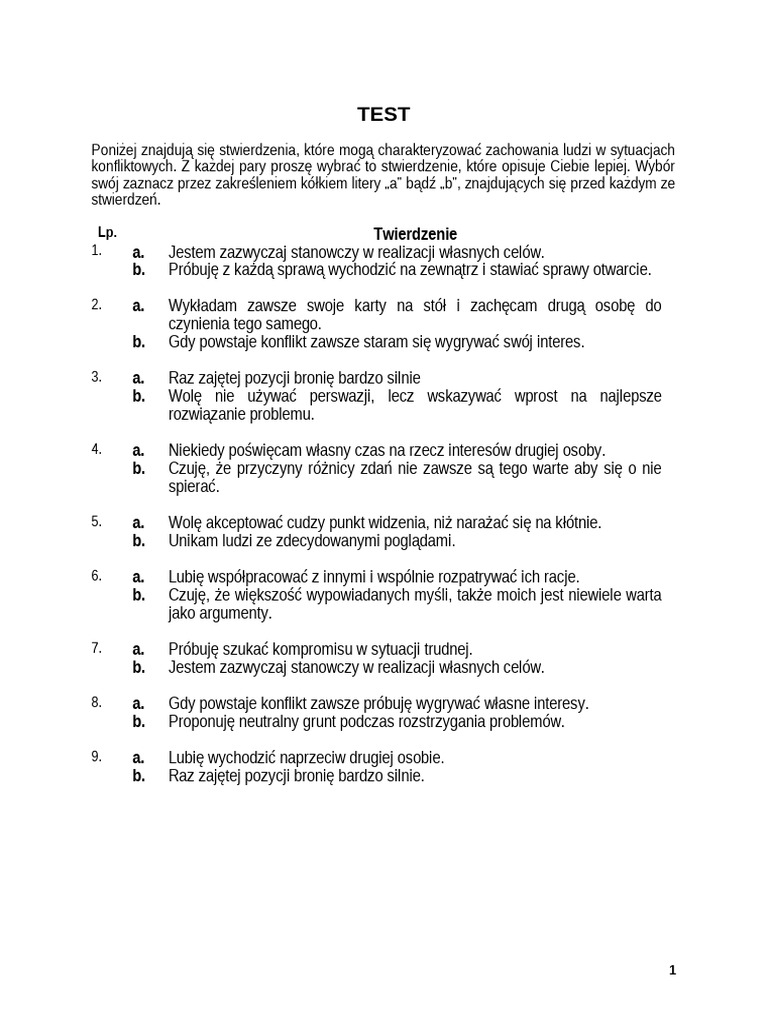 Test - Style Rozwiazywania Konfliktow | PDF
