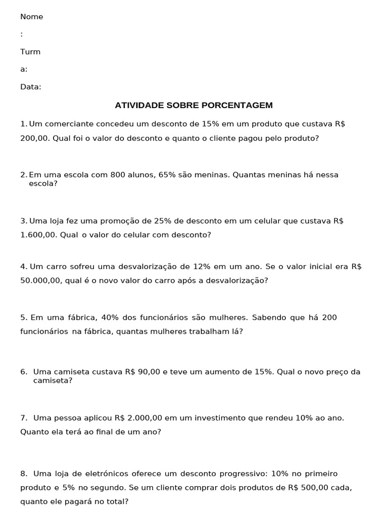 Atividades de Porcentagem para 7o Ano Com Gabarito | PDF