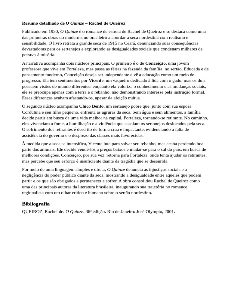 Resumo Detalhado de O Quinze de Rachel de Queiroz | PDF | Família