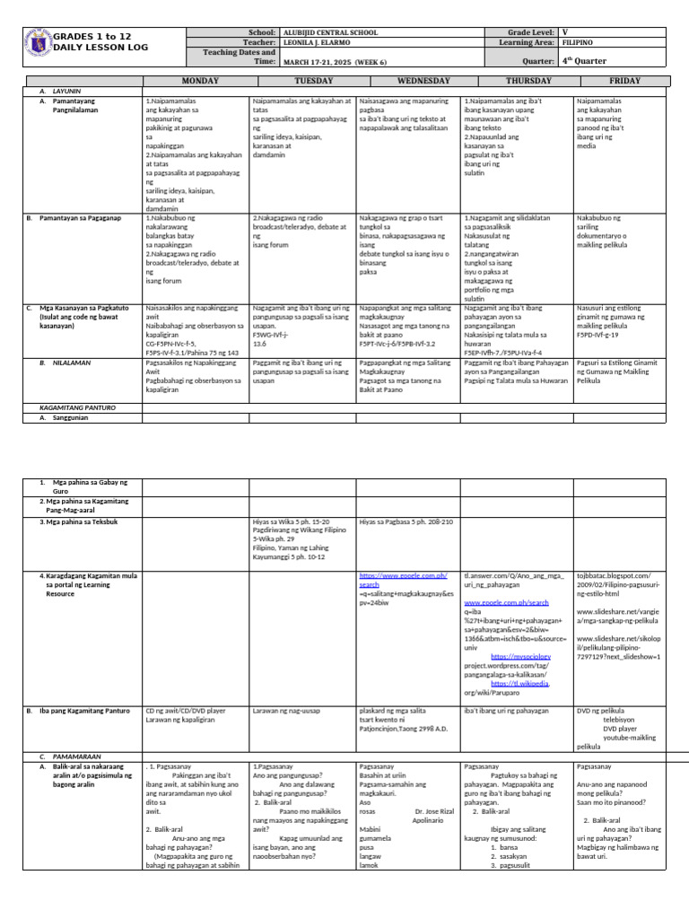 Grade 5 DLL FILIPINO 5 Q4 Week 6 | PDF