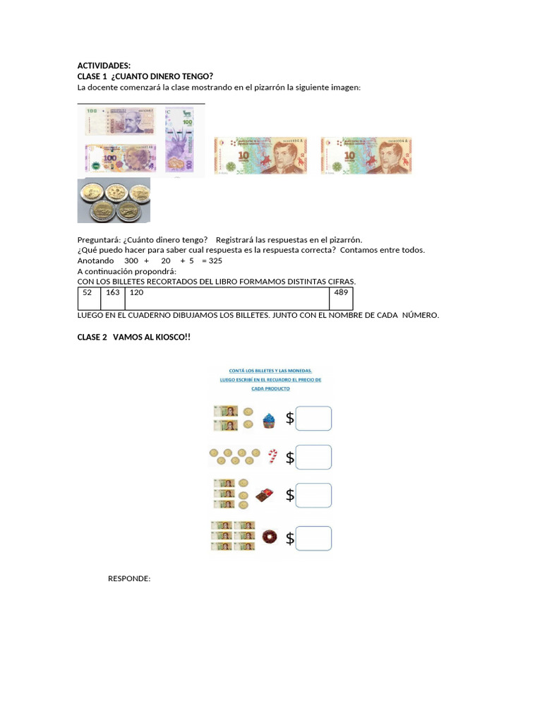 Actividades con Billetes para Segundo Grado | PDF
