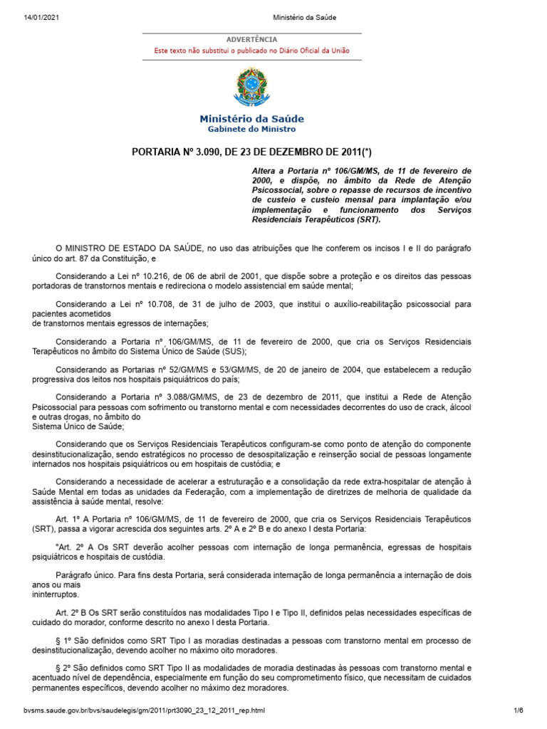 Alterações na Portaria dos SRT em 2011 | PDF | Saúde mental | Psiquiatria