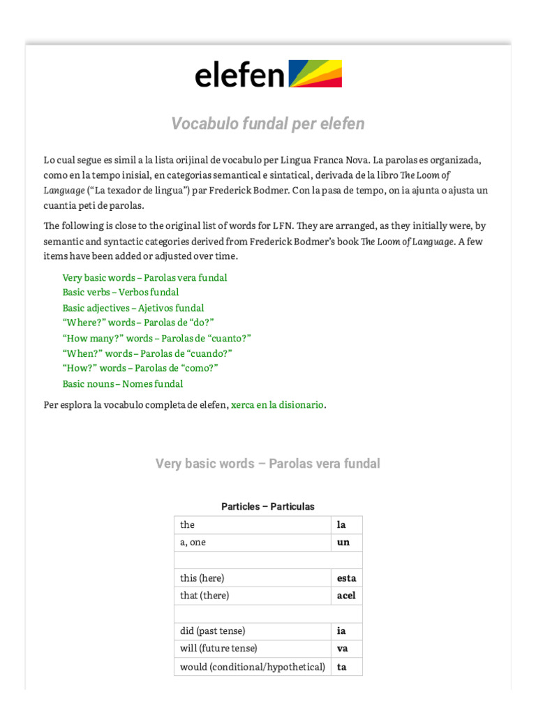 Elefen Vocabulary Overview | PDF