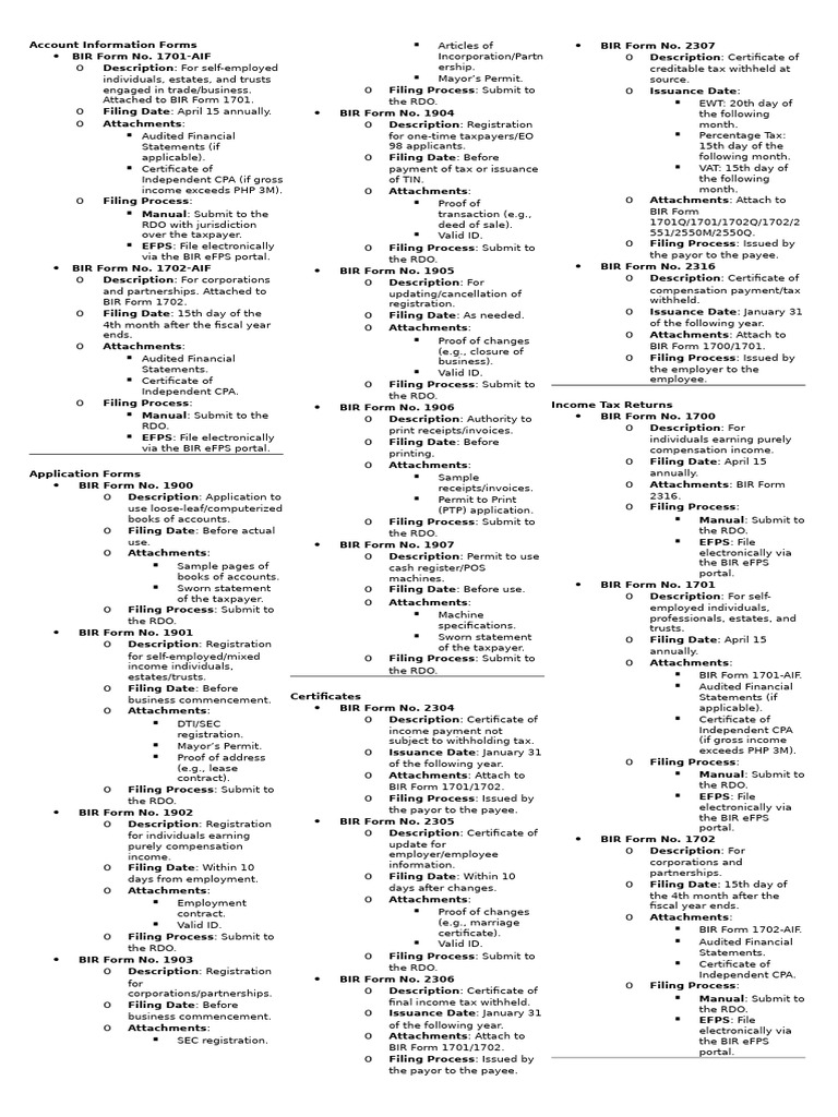 Comprehensive Guide to BIR Forms | PDF | Taxes | Payments