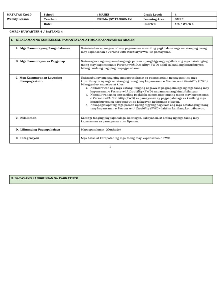 GMRC 4 - DLL - Q4 - Week 5 | PDF