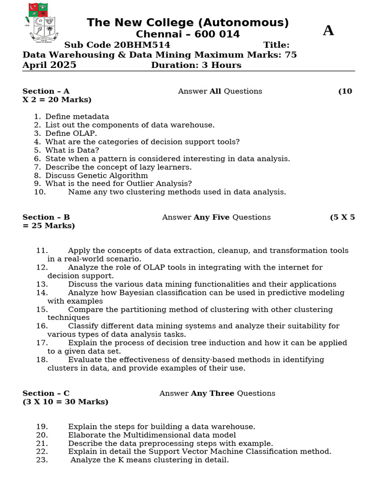 Data Warehousing & Mining Exam Guide | PDF