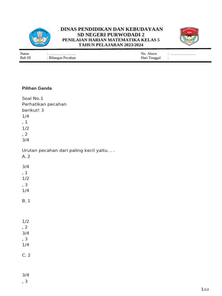 Soal Pecahan Kelas 5 Kurikulum Merdeka | PDF