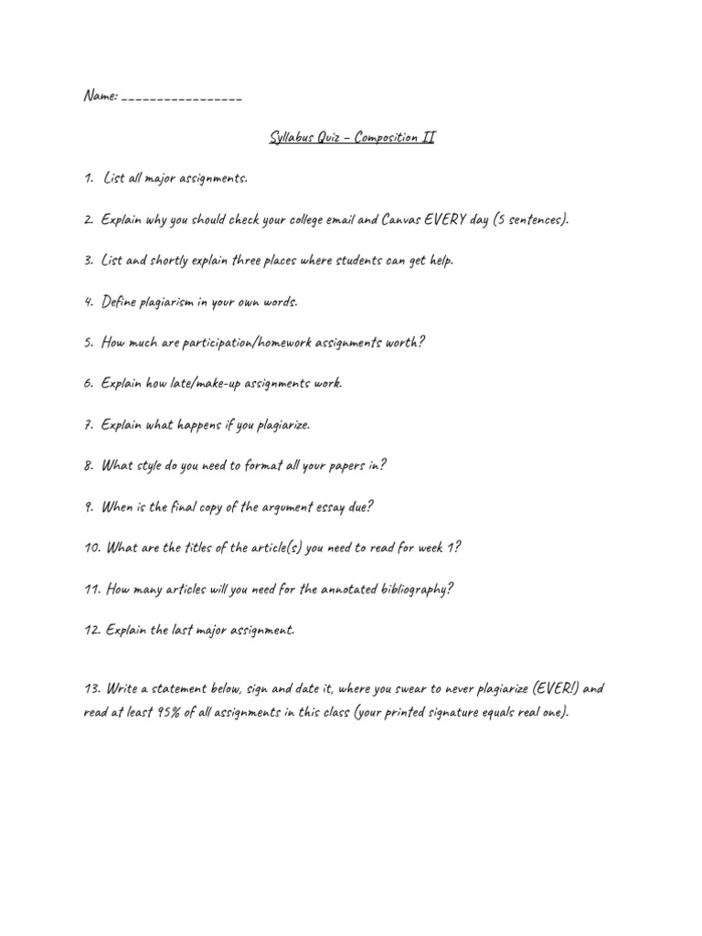 Composition II Syllabus Quiz Guide | PDF