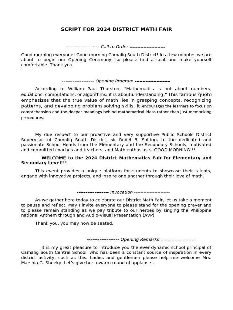 SCRIPT FOR 2024 DISTRICT MATH FAIR 2024 (1) | PDF | Mathematics