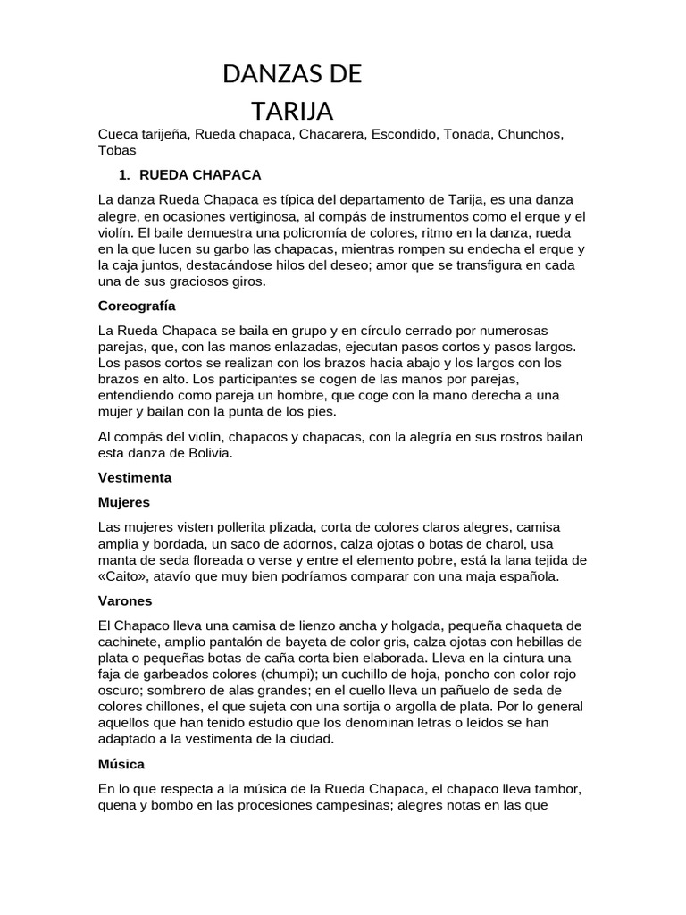 Danzas Típicas de Tarija: Rueda y Chacarera | PDF | Bailes | Ropa