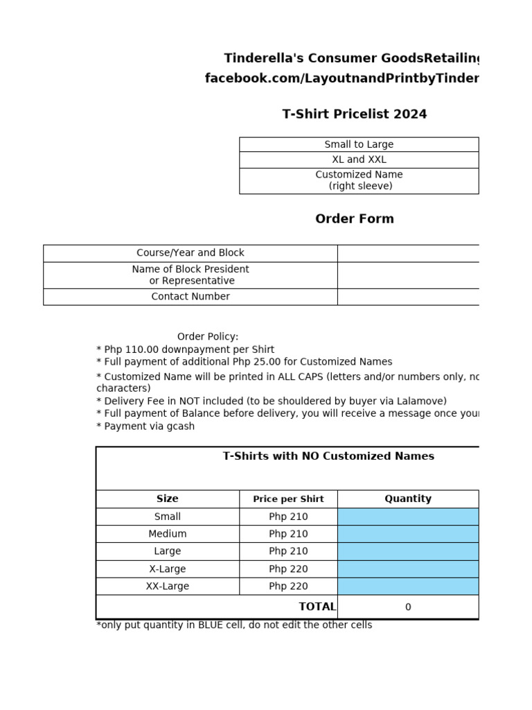 T-Shirt Pricelist & Order Form 2024 | PDF
