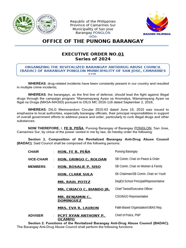 1BADAC Revitalized Brgy. Anti Drug Abuse Council | PDF | Government ...