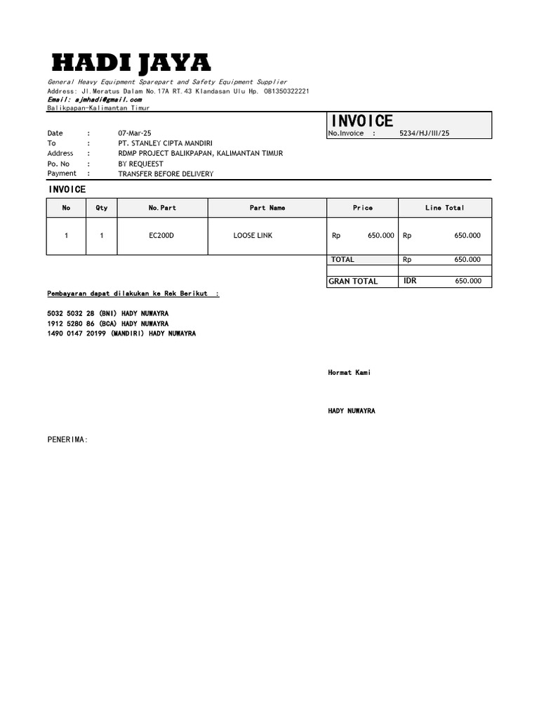Invoice for Heavy Equipment Parts | PDF