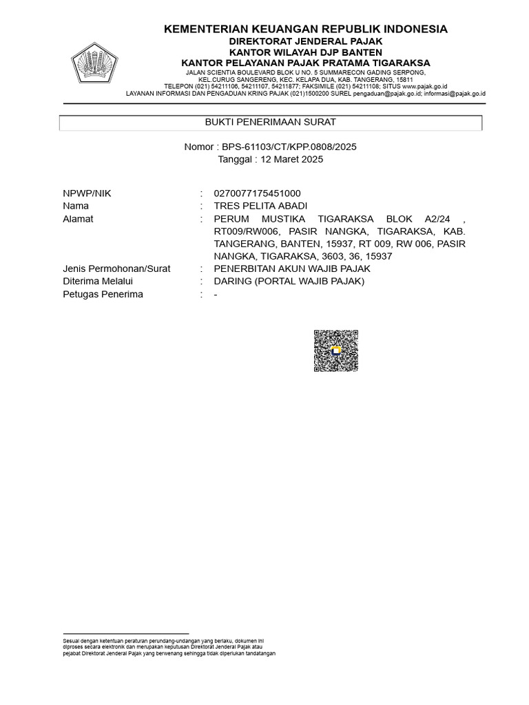 Surat Penerbitan Akun Pajak 2025 | PDF