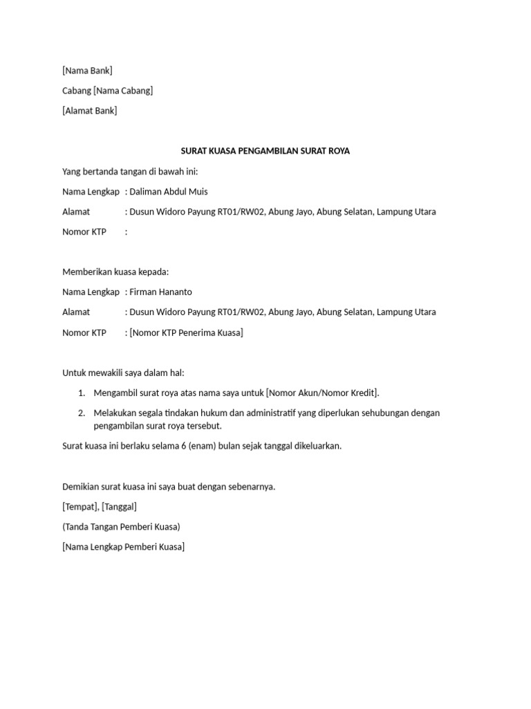 Surat Kuasa Pengambilan Roya BPN | PDF