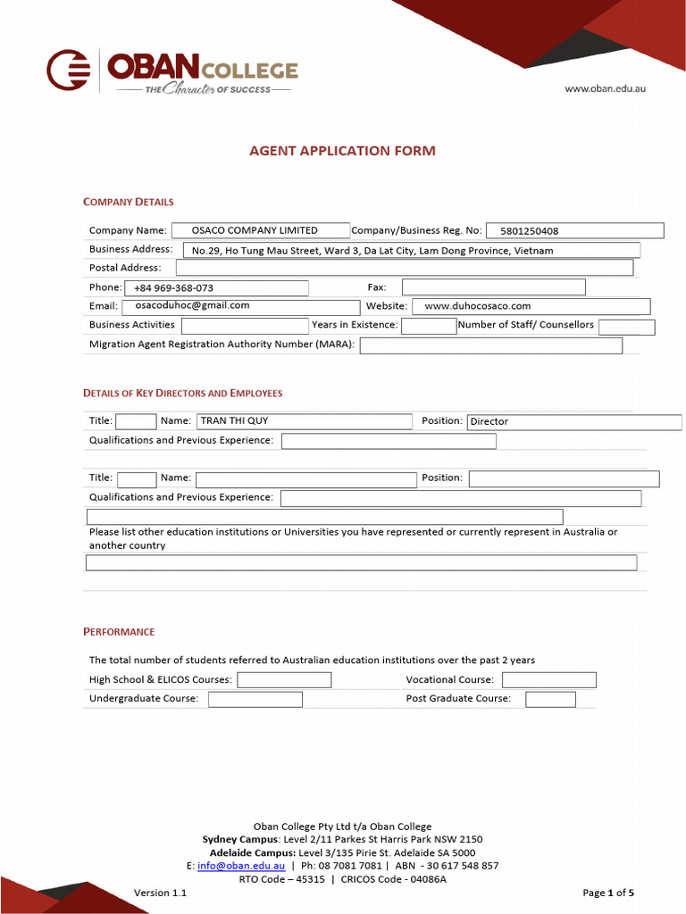 Oban College Agent Application Form | PDF