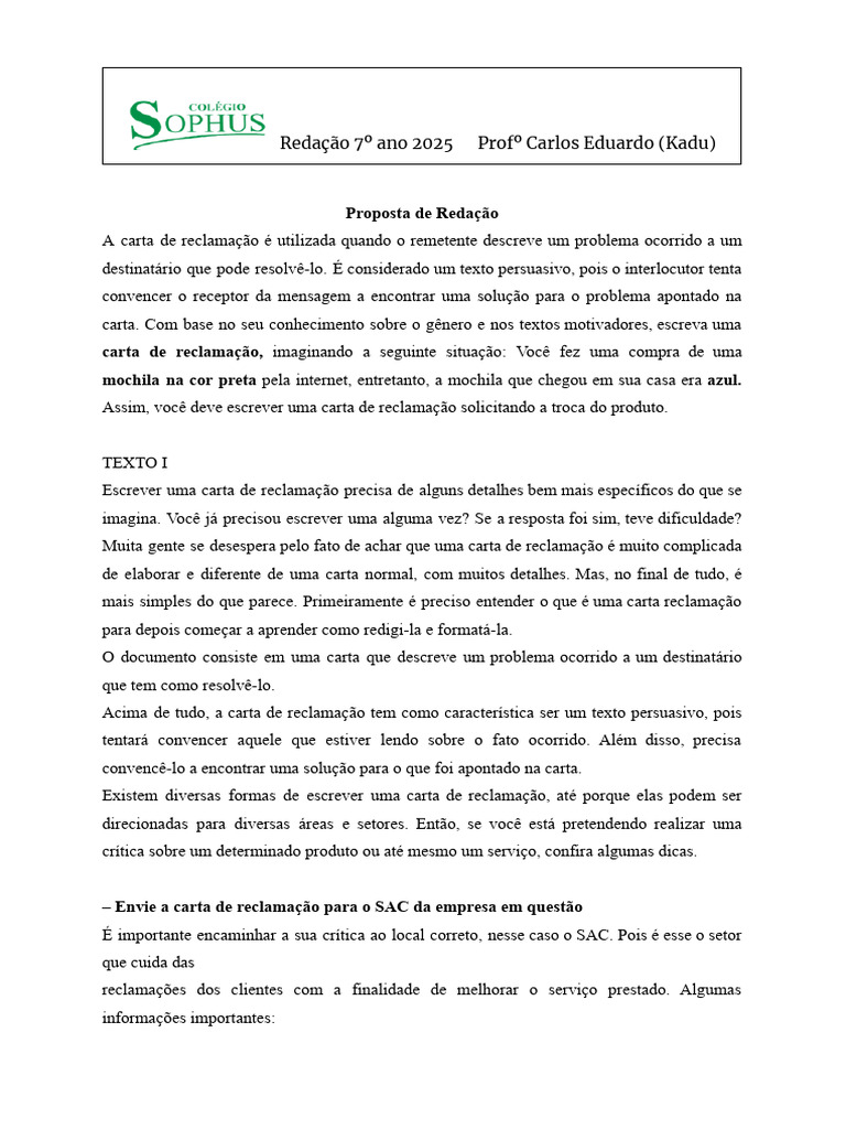 Exemplo de Carta de Reclamação para 7º Ano | PDF