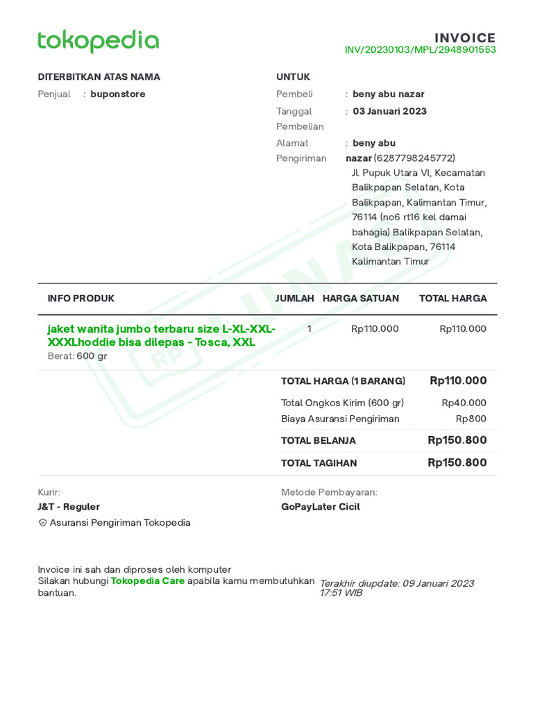 Invoice Pembelian Jaket Wanita Tosca | PDF