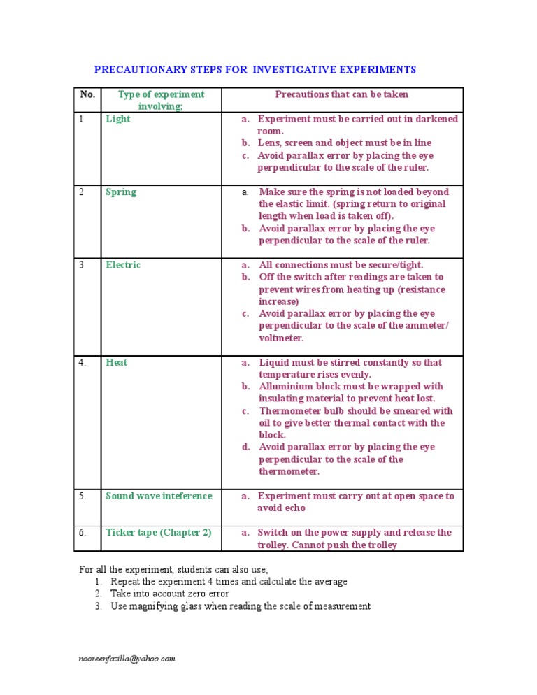 Precautionary Steps for Physics Experiments | PDF | Switch | Thermometer