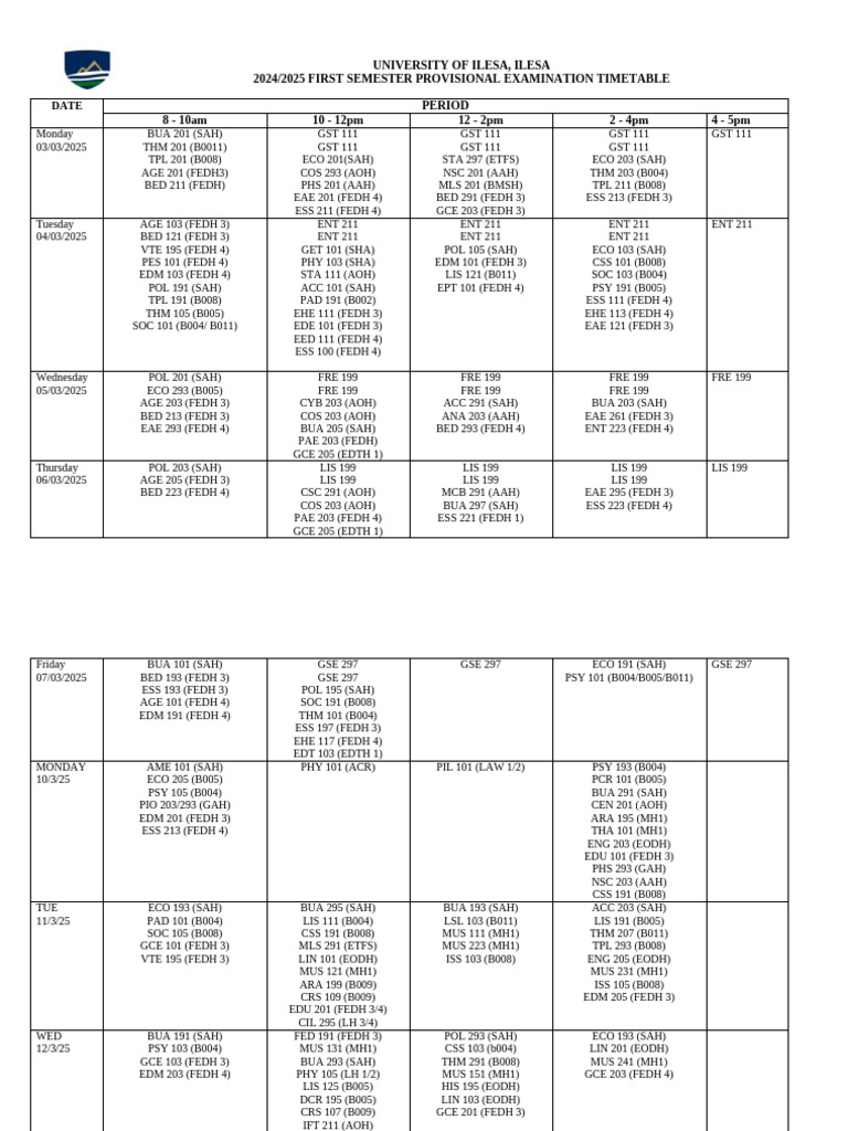 TIMETABLE - Unilesa First Semester 2024 - 2025 Examination | PDF