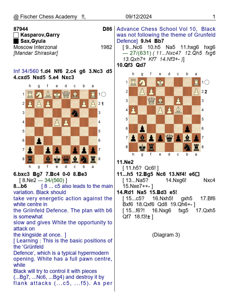 Grünfeld Defence Analysis: Kasparov vs. Sax | PDF | Chess | Chess Theory