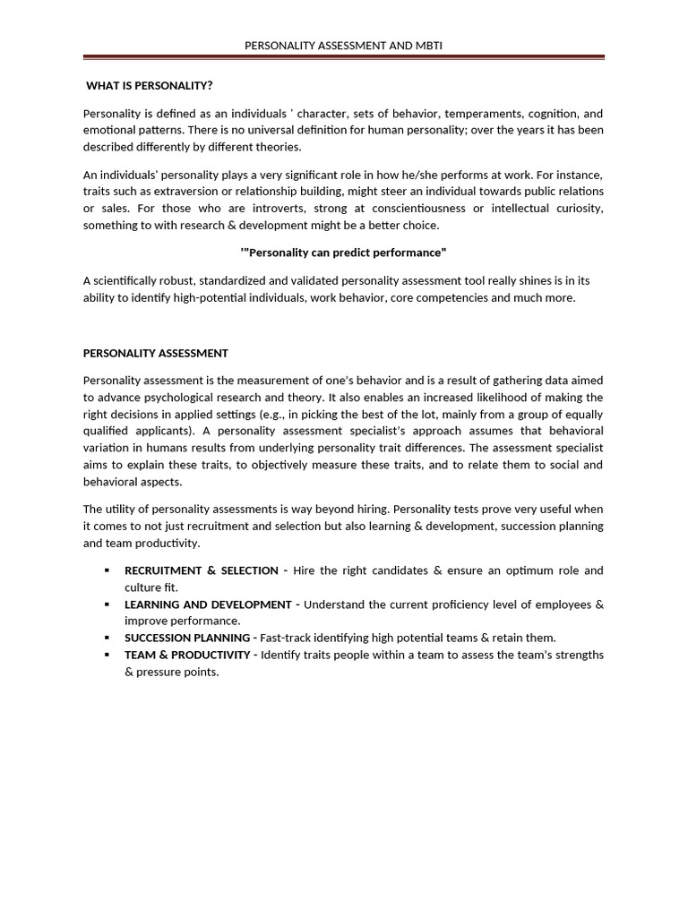PERSONALITY ASSESSMENT AND MBTI | PDF | Personality Type | Social ...