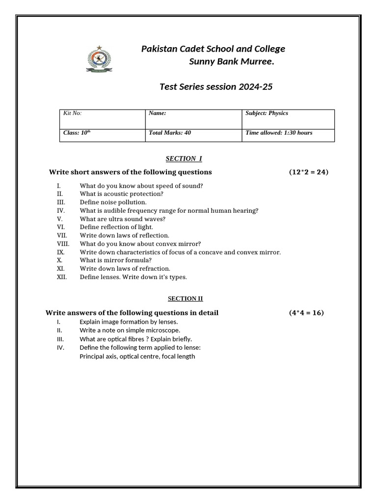 10th Grade Physics Test Series 2024-25 | PDF