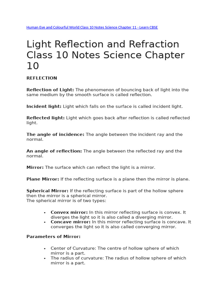 CBse Phyiscs Light, Human Eye, Electricity Notes | PDF | Eye | Sunset