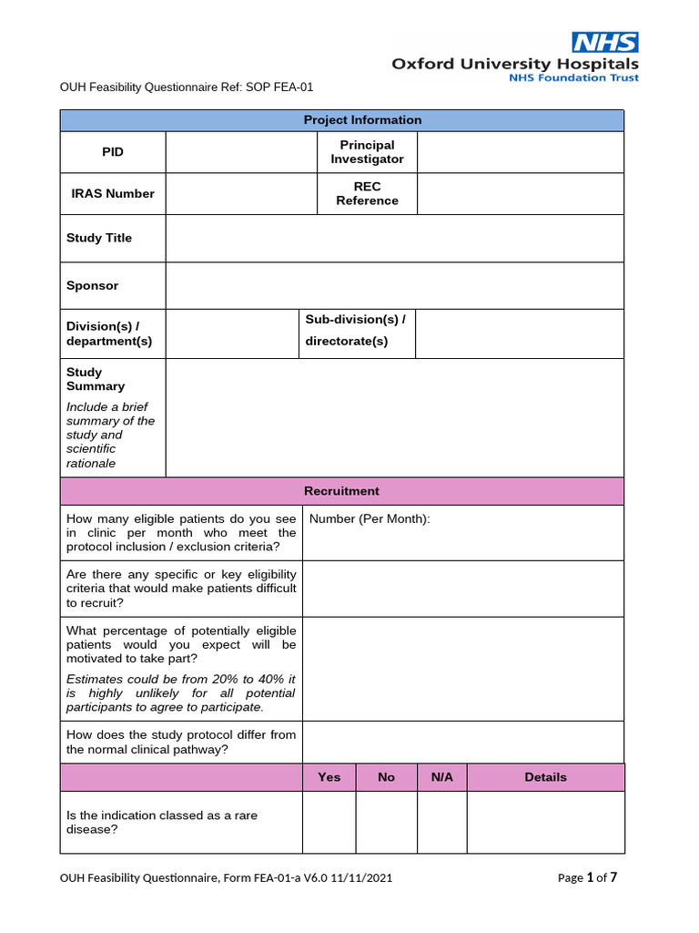 OUH Feasibility Questionnaire Overview | PDF | Psychology | Major ...