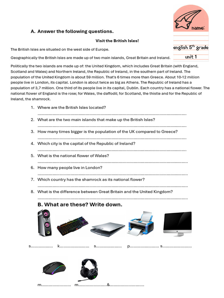 English 5th Grade Test Unit 1 | PDF | British Isles | United Kingdom