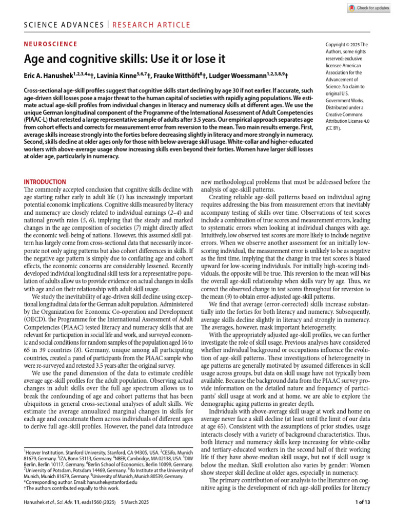 Age and Cognitive Skills - Use It or Lose It Sciadv - Ads1560 | PDF ...