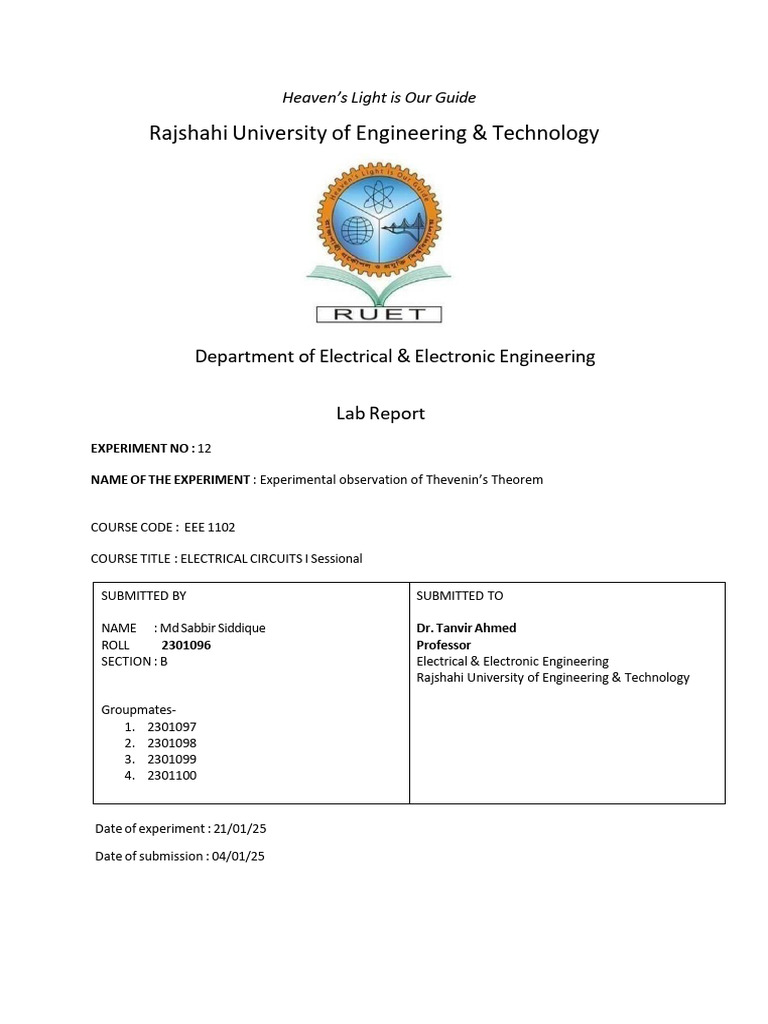 Thevenin's Theorem Lab Report EEE 12 | PDF
