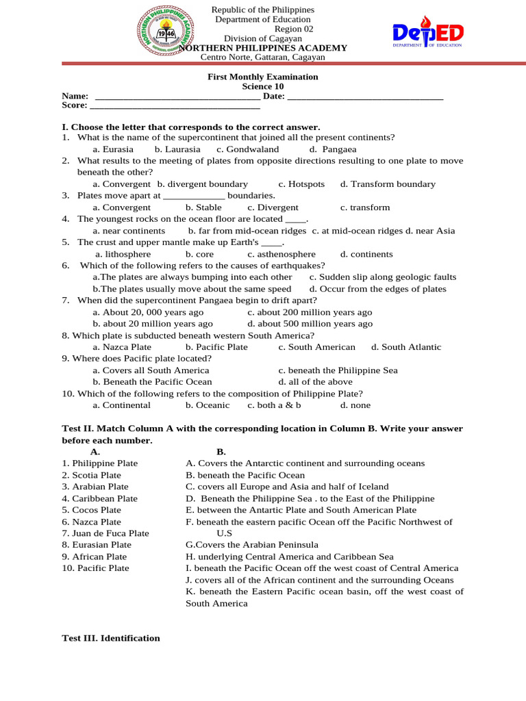 Science 10 Monthly Exam - Philippines | PDF | Plate Tectonics | Applied ...