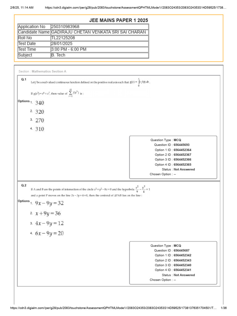 JEE Mains 2025 Mathematics Assessment | PDF | Multiple Choice ...