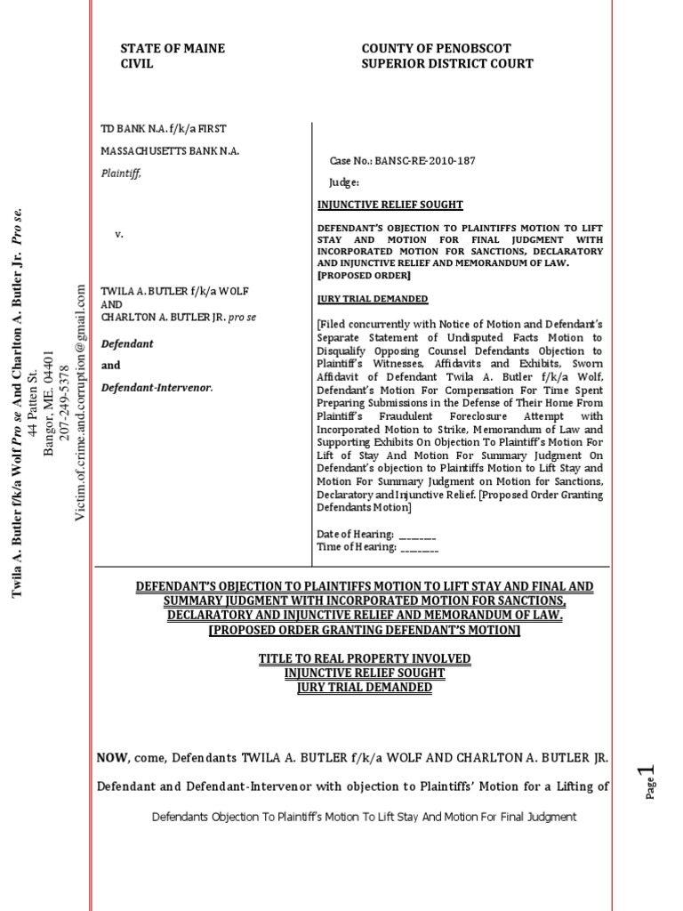 BANSCRE2010187Defendants Objection of Plaintiffs Motion To Lift