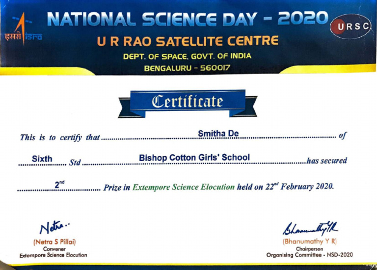 Certificate for Extempore Science Elocution | PDF