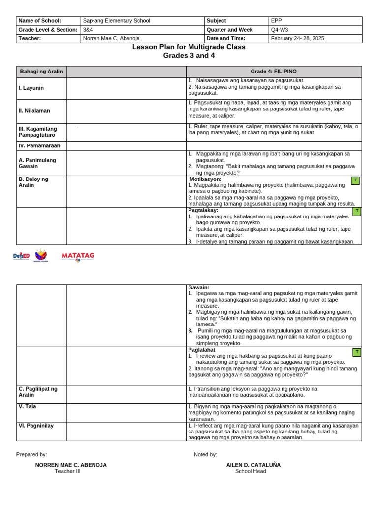 Lesson Plan For Multigrade Class Grades 3 and 4 | PDF