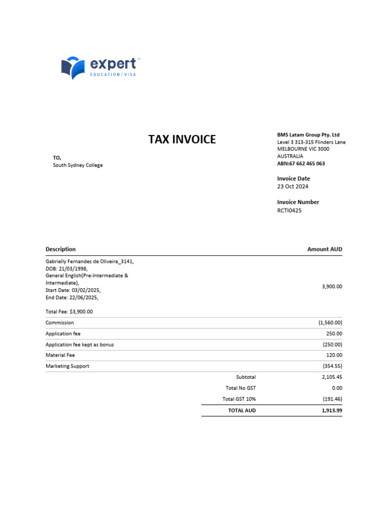 Tax Invoice for General English Course | PDF