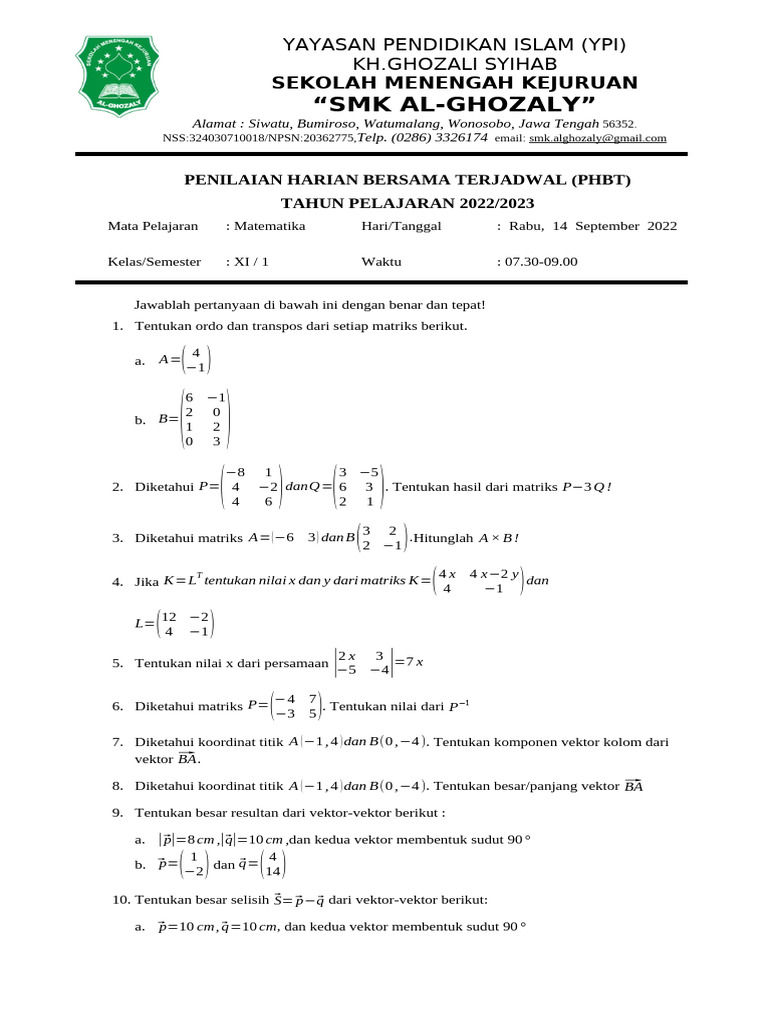 Soal Penilaian Matematika SMK Al-Ghozaly | PDF