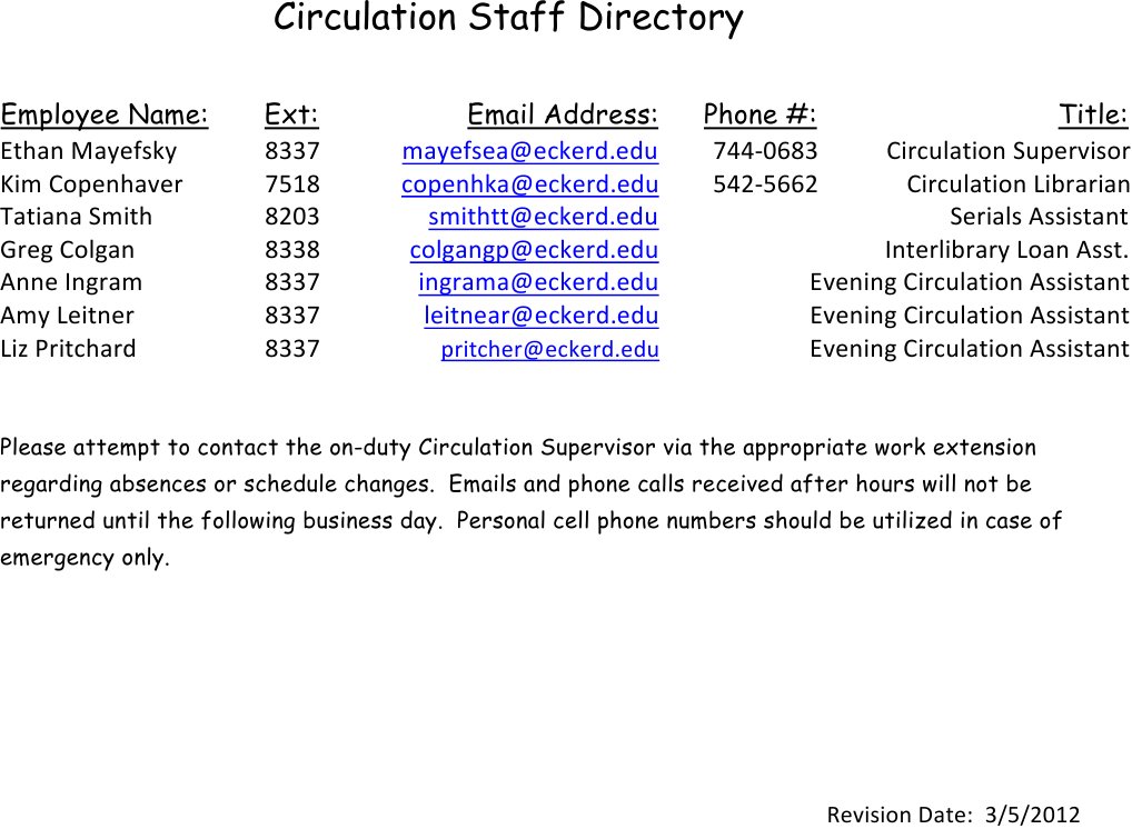 Circulation Staff Directory 3 5 12 | PDF | Career & Growth