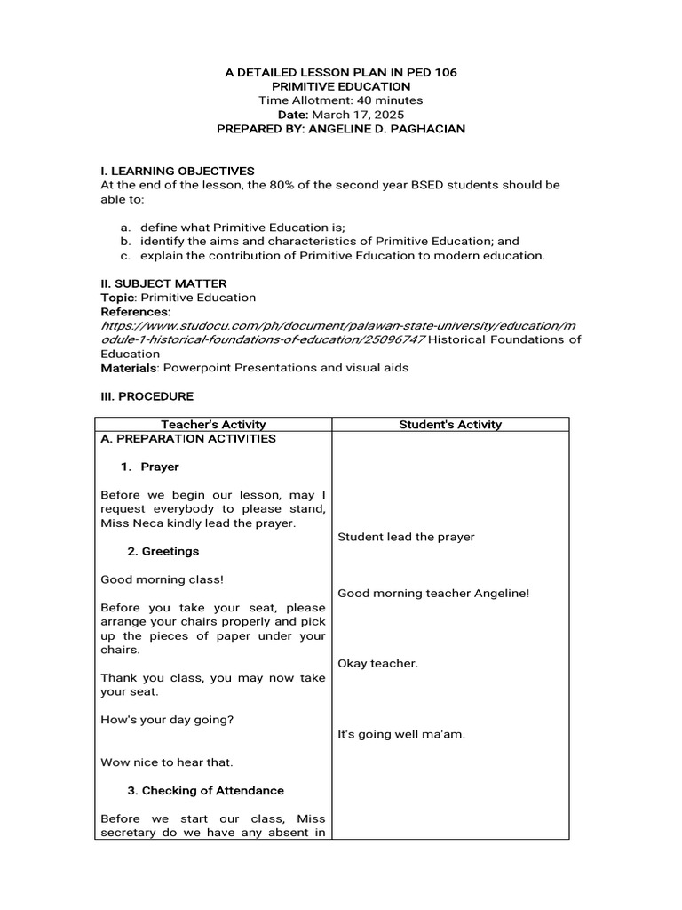 Lesson Plan on Primitive Education | PDF | Traditions | Oral Tradition