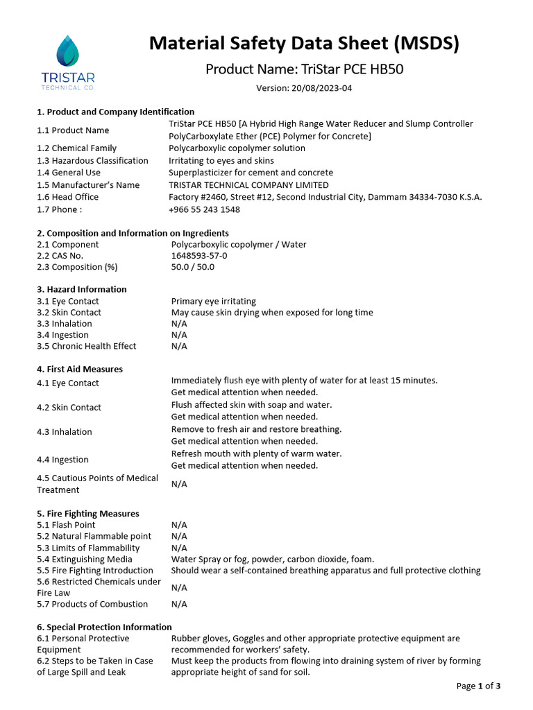 TriStar PCE HB50 MSDS Overview | PDF | Waste | Pollution