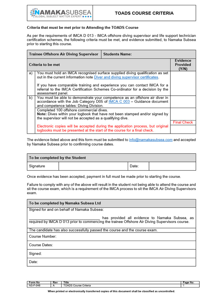 IMCA Auditor Course Criteria for Namaka | PDF | Underwater Diving ...