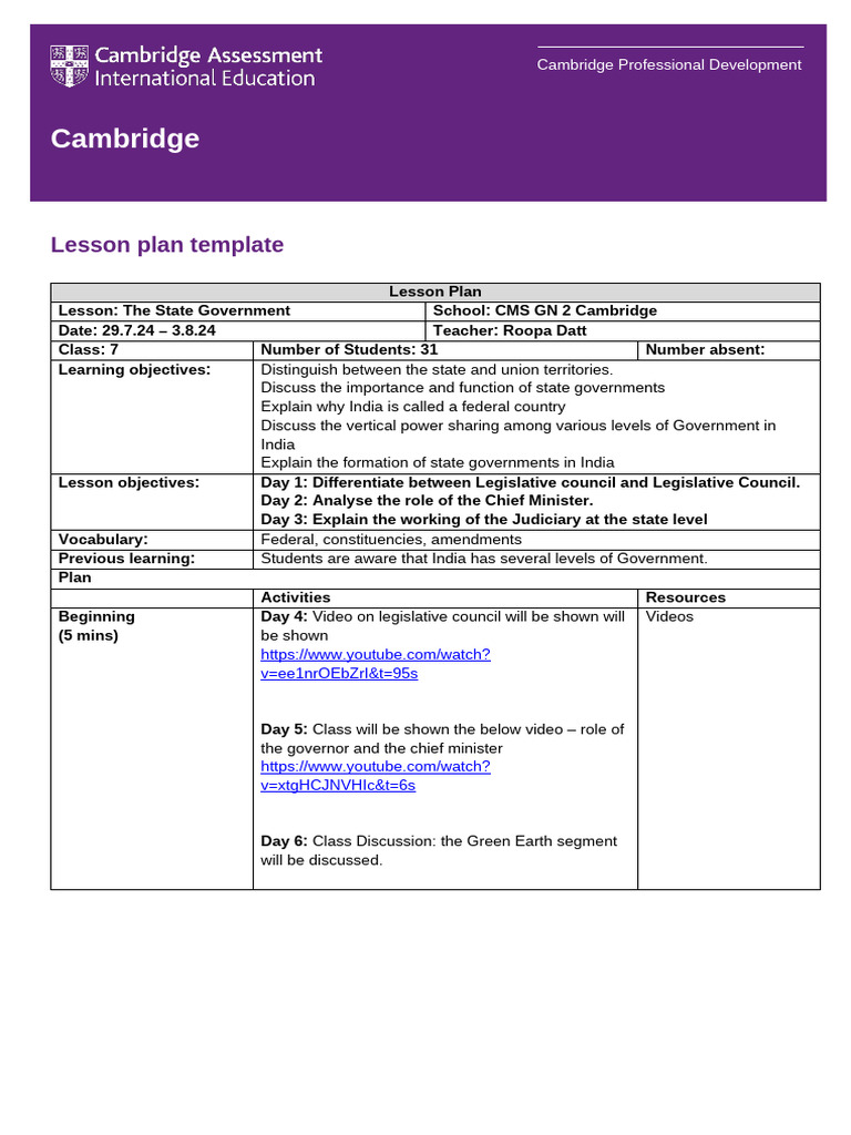 LessonPlan 7 History (29.7.24 - 4.8.24) | PDF | Cognition | Learning