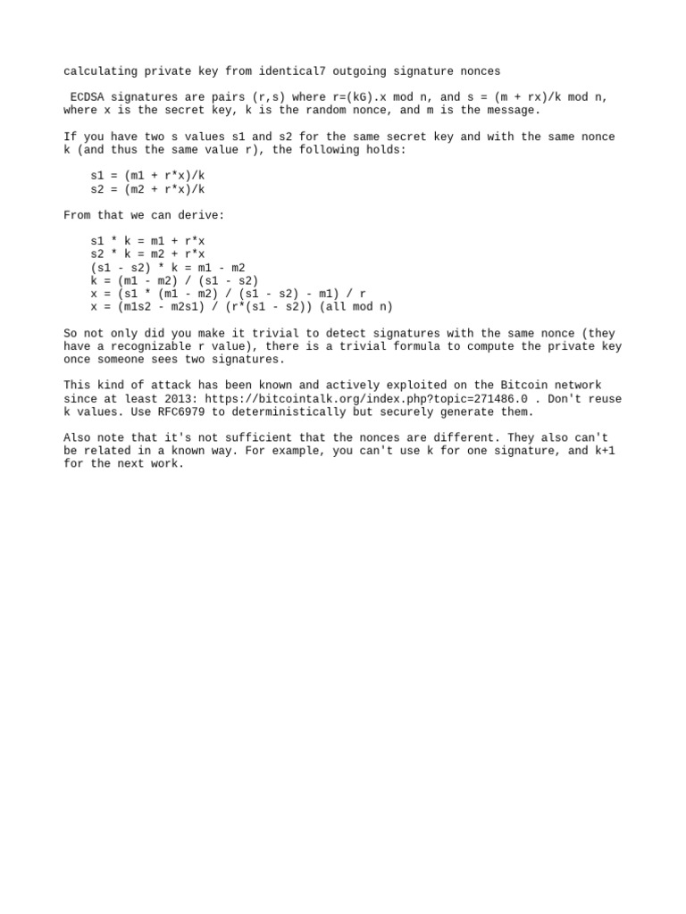 Calculating Private Key From Identical Nonces, Ect. | PDF