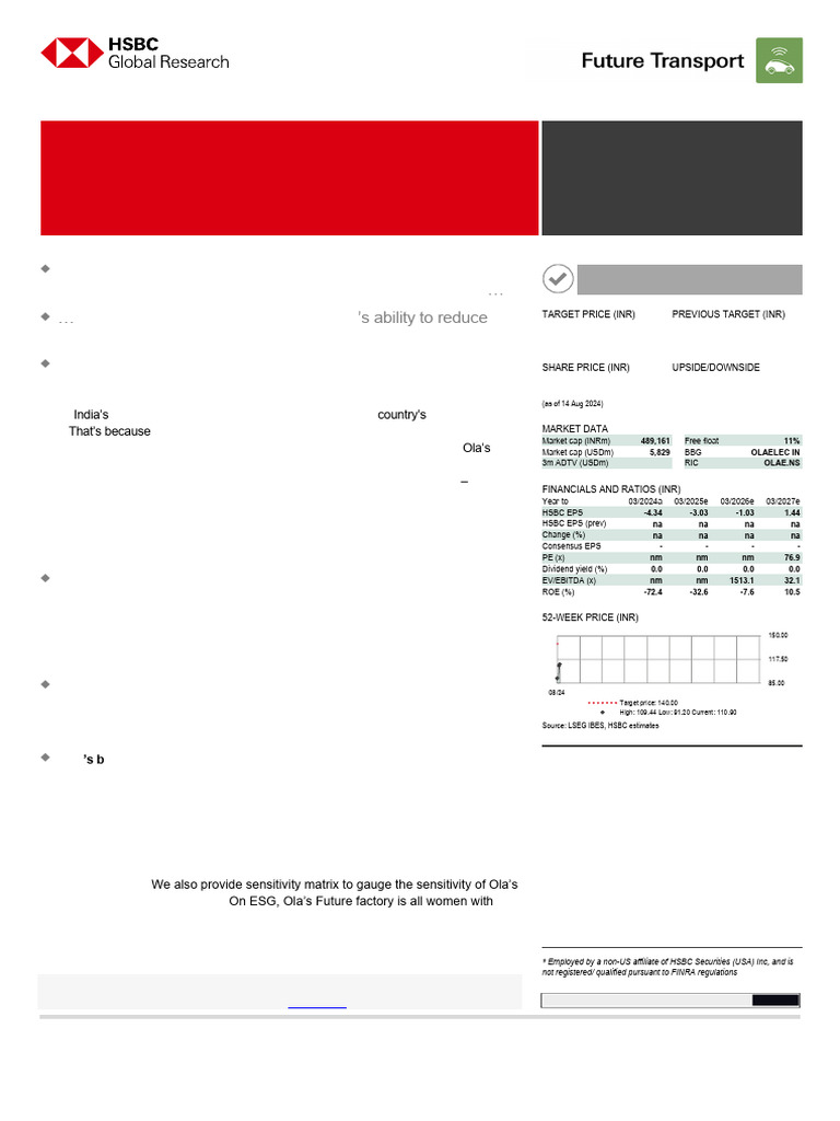 Ola Electric Initiating Coverage Leading The Charge HSBC PT 140 | PDF |  Electric Vehicle | Equity (Finance)