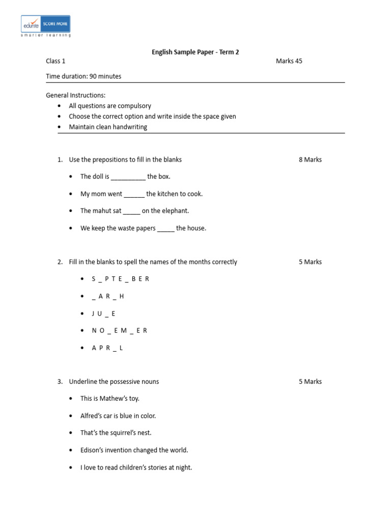 Class 1 Icse English Sample Paper Term 2 Pdf Linguistics Languages