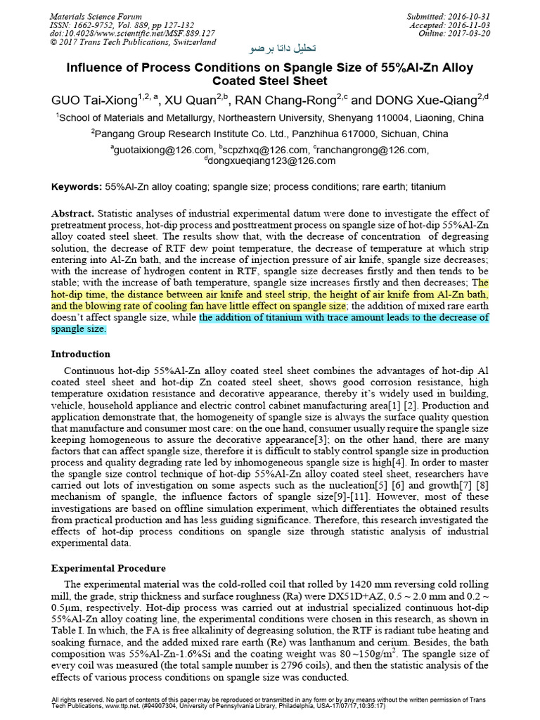 Influence of Process Conditions On Spangle Size of 55%Al-Zn Alloy ...