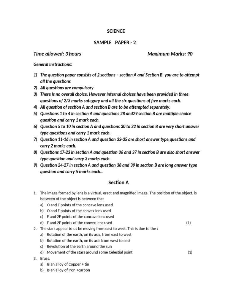 Science Sample Paper - Exam Format Guide | PDF | Eye | Water