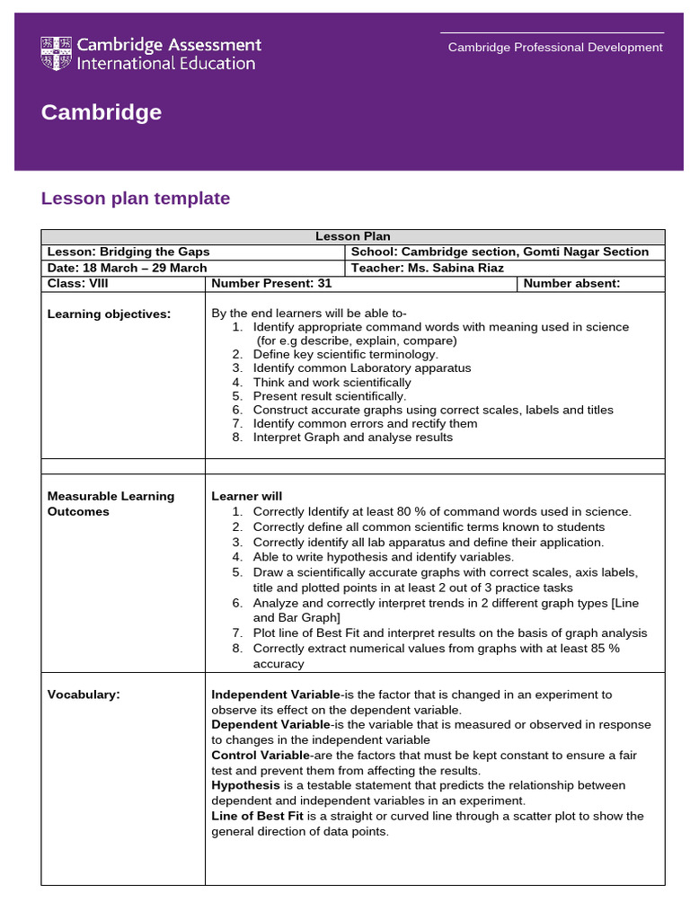 Cambridge VIII Science Lesson Plan | PDF | Experiment | Learning